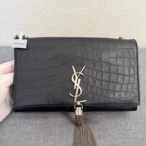 Saint Laurent Calfskin Crocodile Embossed Small Classic Kate Tassel Satchel